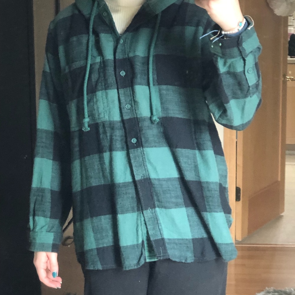 Medium Green Plaid Oversized American Eagle Flannel Hoodie Brand New